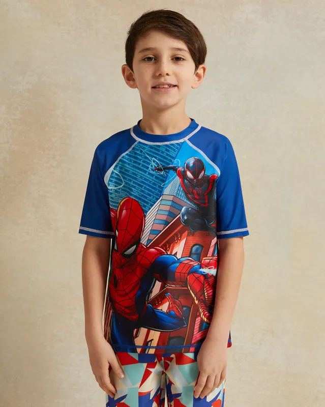 Boys Navy Spider Man Rash Guard Swimwear T-Shirt sold by Redtag