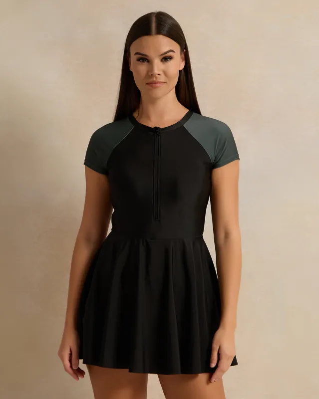 Women Black Short Sleeve Zipper Front Swim Dress sold by Redtag