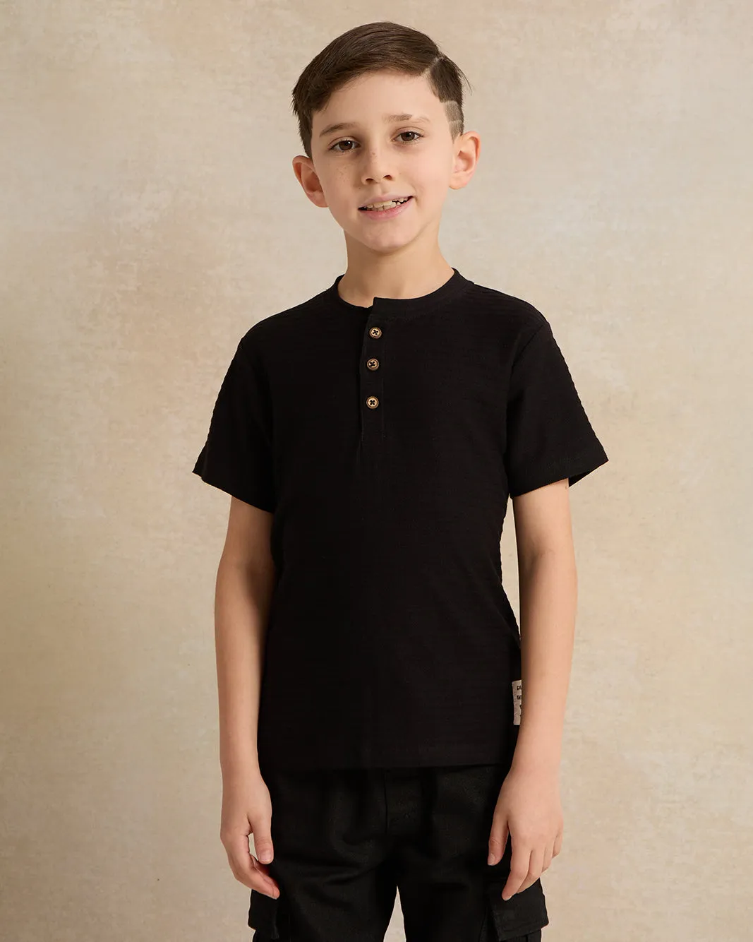 Boys Black Henley T-Shirt sold by Redtag