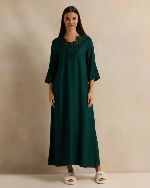 Women Green Solid Lace Nightgown sold by Redtag