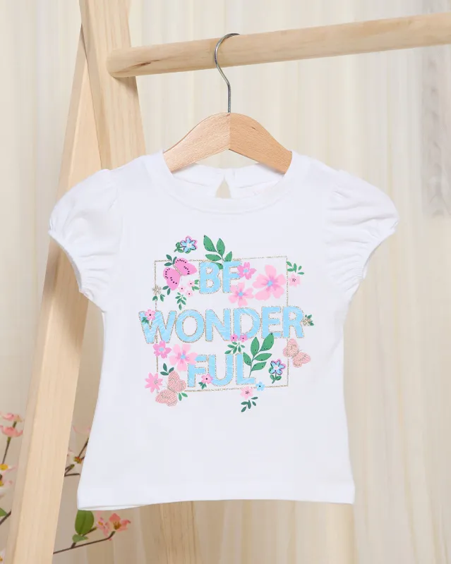 Infant Girls White Be Wonderful Embroidered T-Shirt sold by Redtag