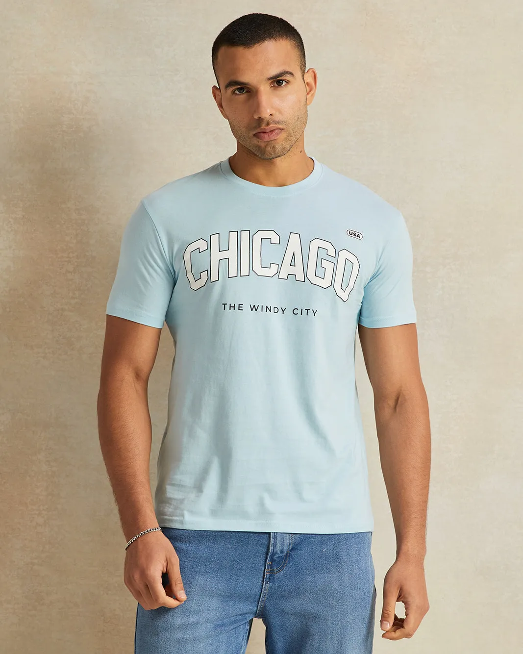 Men Blue Chicago Print T-Shirt sold by Redtag