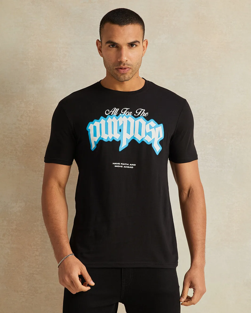 Men Black Placement Print T-Shirt sold by Redtag