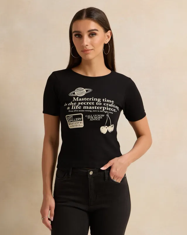 Women Black Printed T-Shirt sold by Redtag