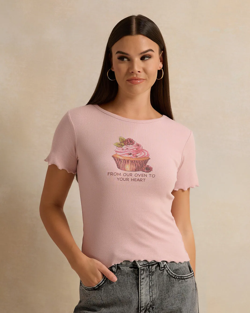 Women Pink Printed Rib T-Shirt sold by Redtag