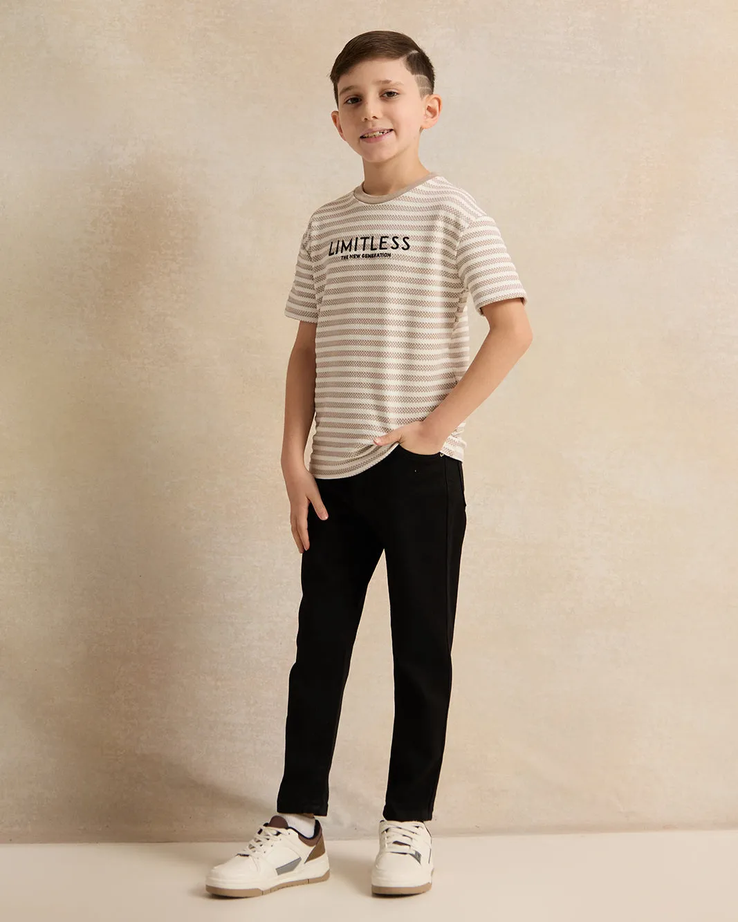 Boys Beige Stripe Short Sleeved T-Shirt sold by Redtag product image thumbnail 2