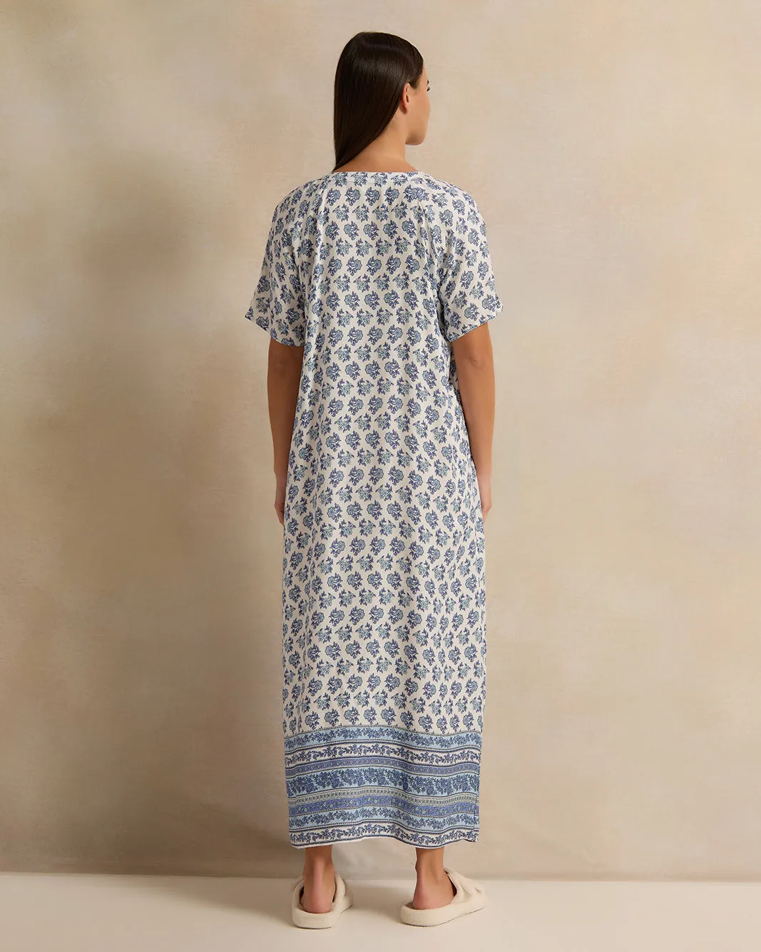Women Blue Short Sleeve Printed Dobby Nightgown sold by Redtag product image thumbnail 3