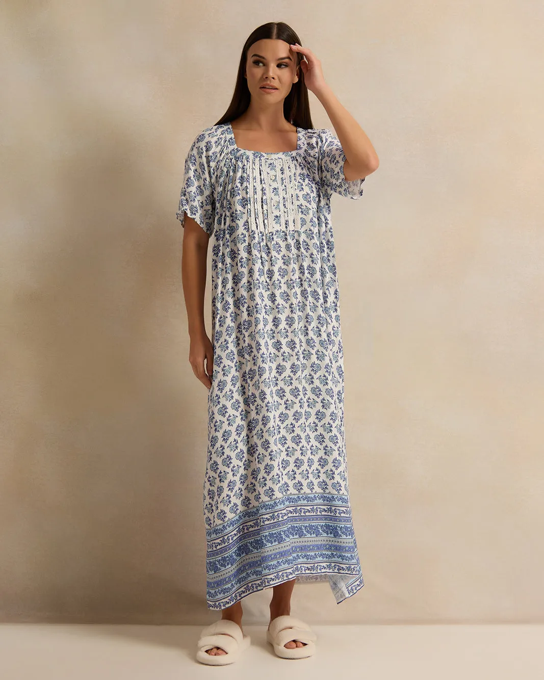 Women Blue Short Sleeve Printed Dobby Nightgown sold by Redtag
