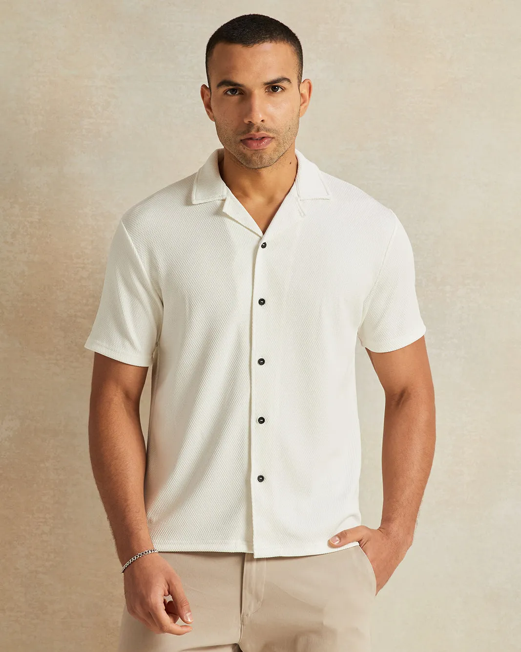 Men White Jacquard Short Sleeve Shirt sold by Redtag