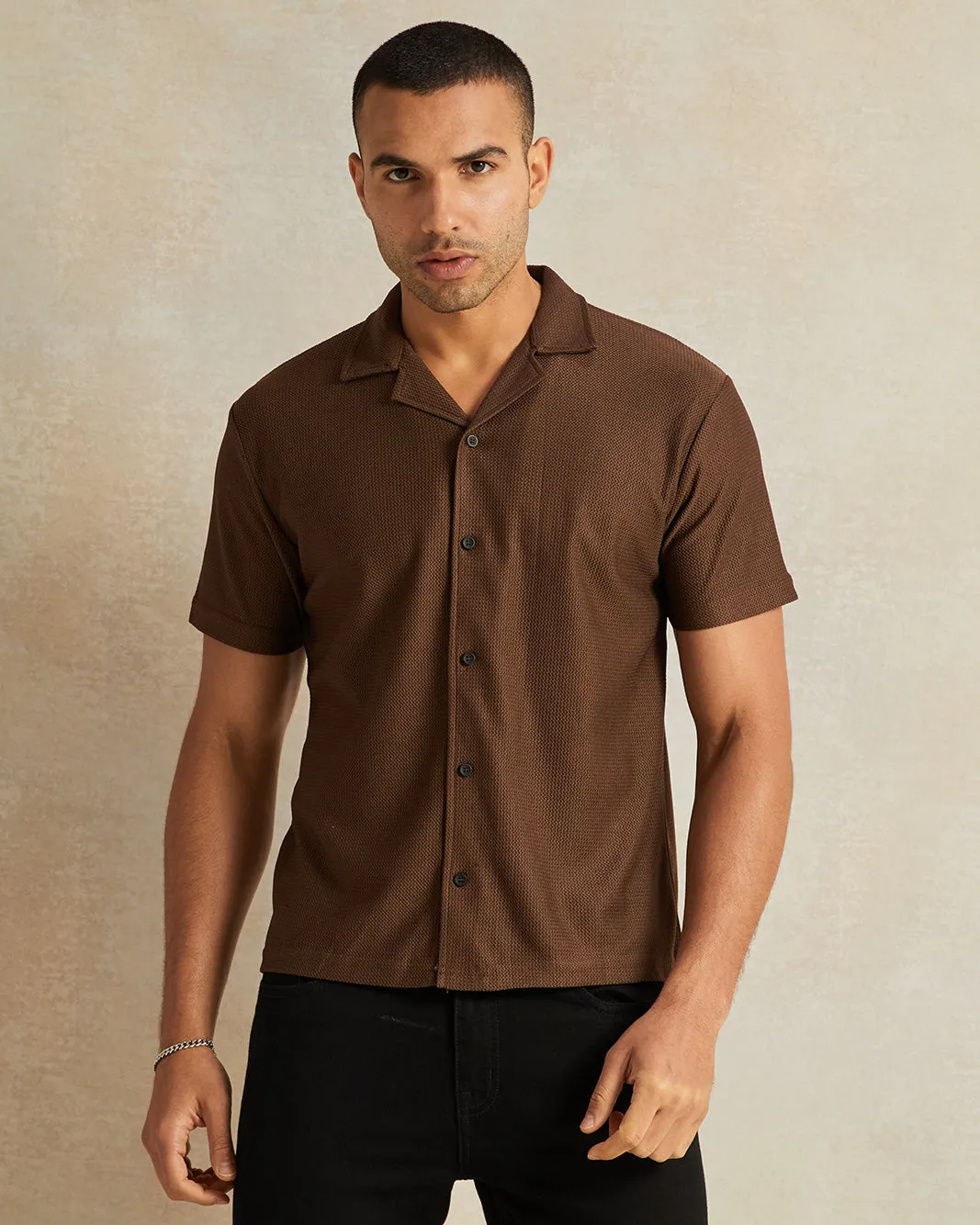 Men Brown Jacquard Short Sleeve Shirt sold by Redtag
