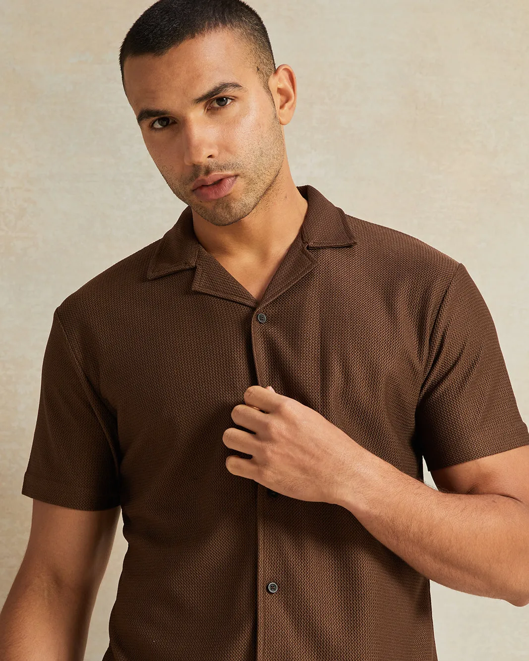 Men Brown Jacquard Short Sleeve Shirt sold by Redtag product image thumbnail 4
