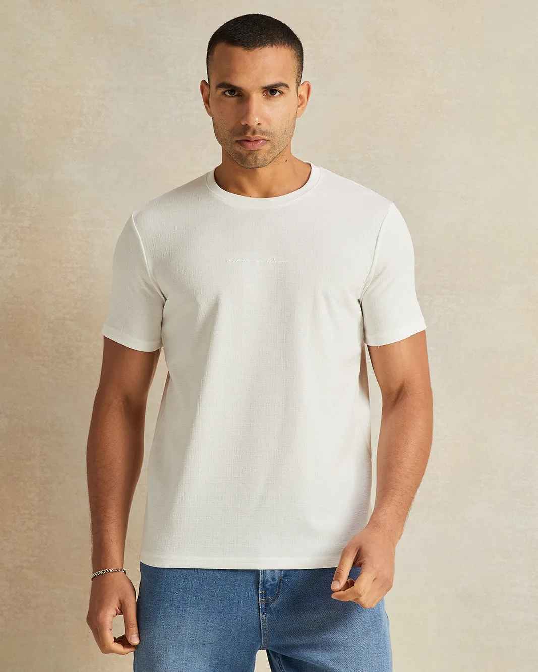 Men White Jacquard T-Shirt sold by Redtag