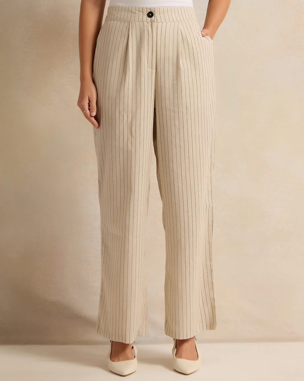 Women Beige Striped Wide Leg Pants sold by Redtag