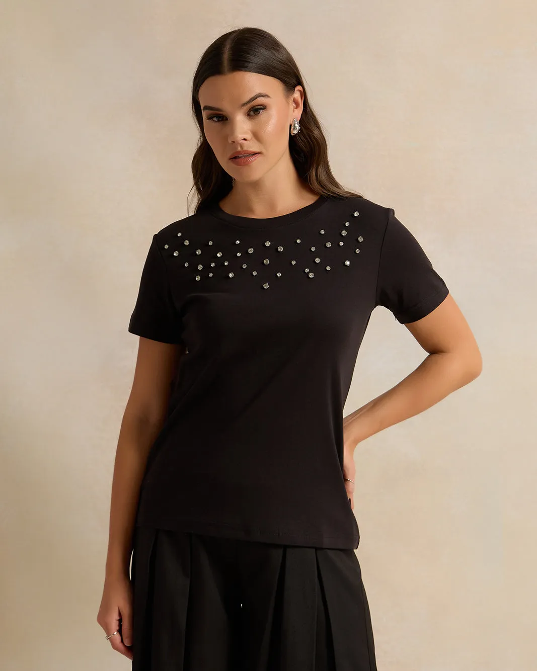 Women Black Embellished T-Shirt sold by Redtag
