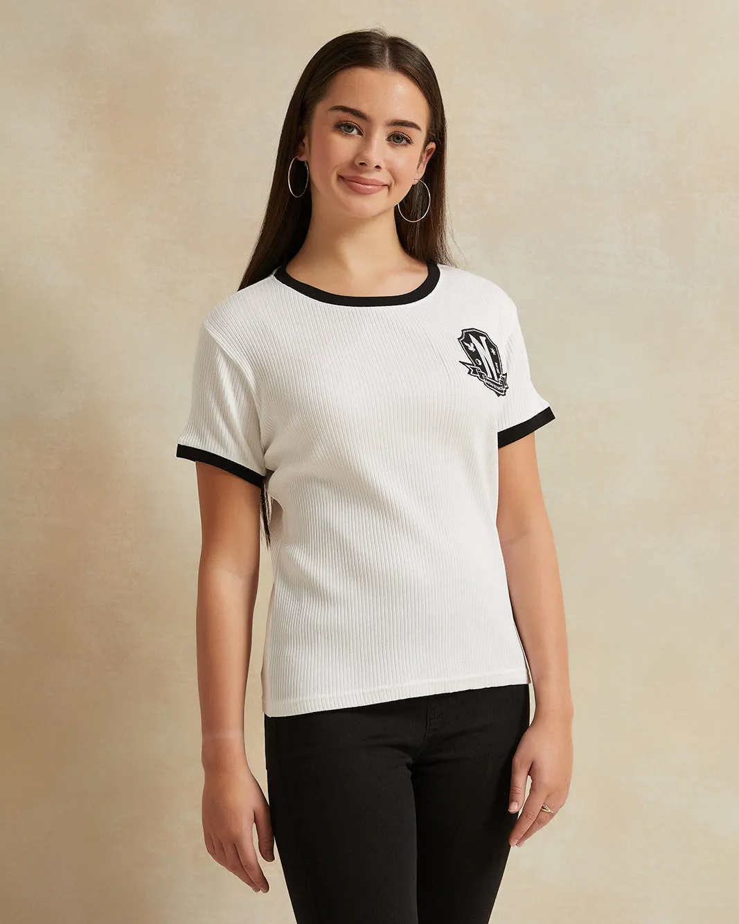 Senior Girls White Ringer Tee Wednesday sold by Redtag