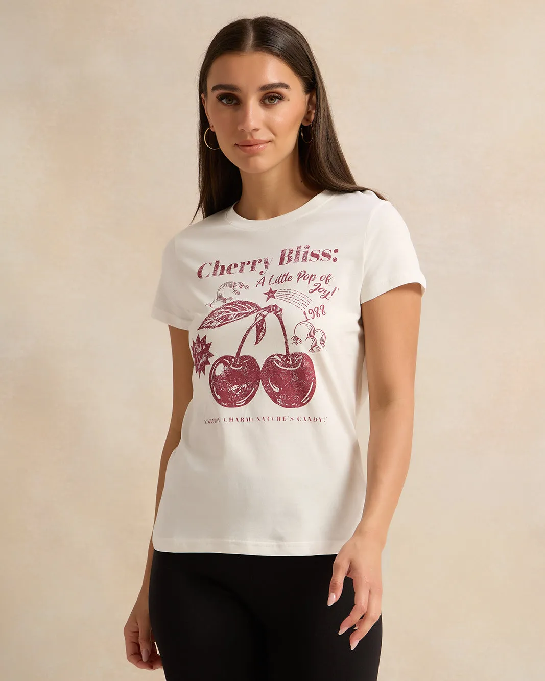 Women Short Sleeve Ivory Printed T-Shirt sold by Redtag