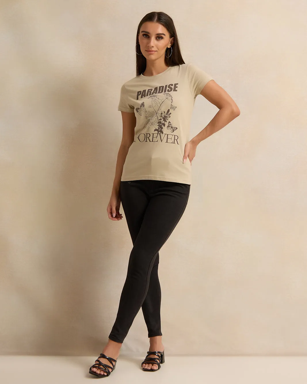 Women Short Sleeve Beige Printed T-Shirt sold by Redtag product image thumbnail 2