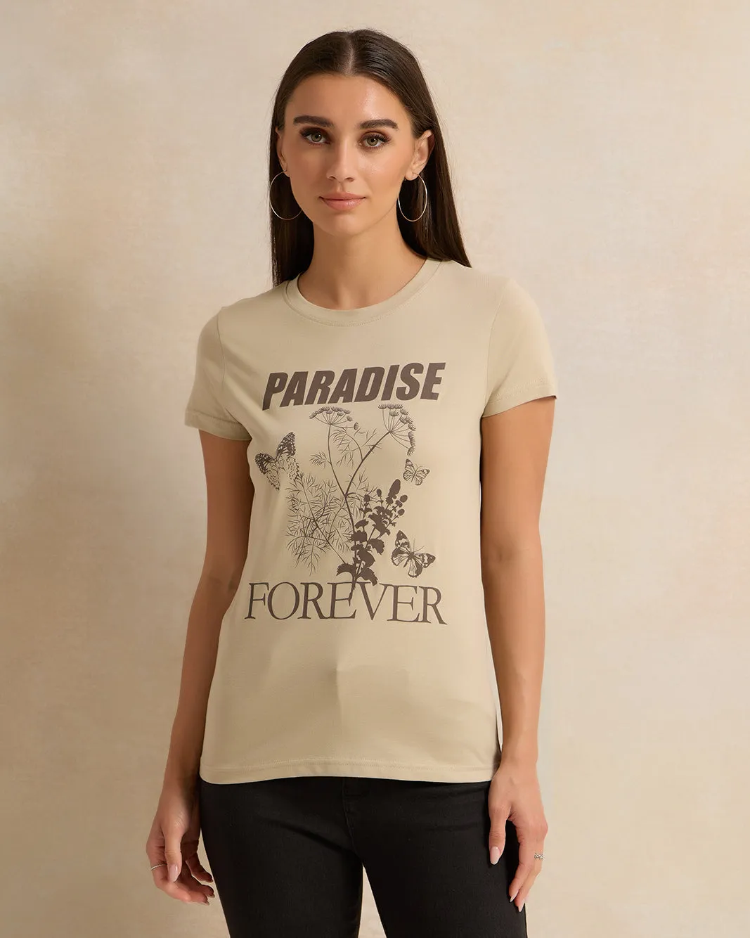Women Short Sleeve Beige Printed T-Shirt sold by Redtag