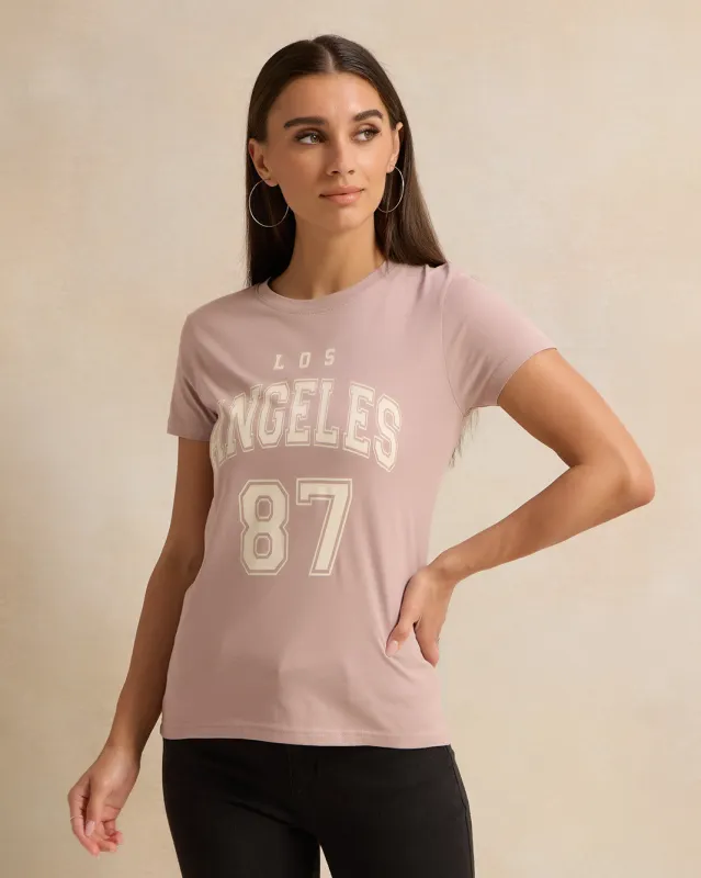 Women Short Sleeve Mauve Printed T-Shirt sold by Redtag