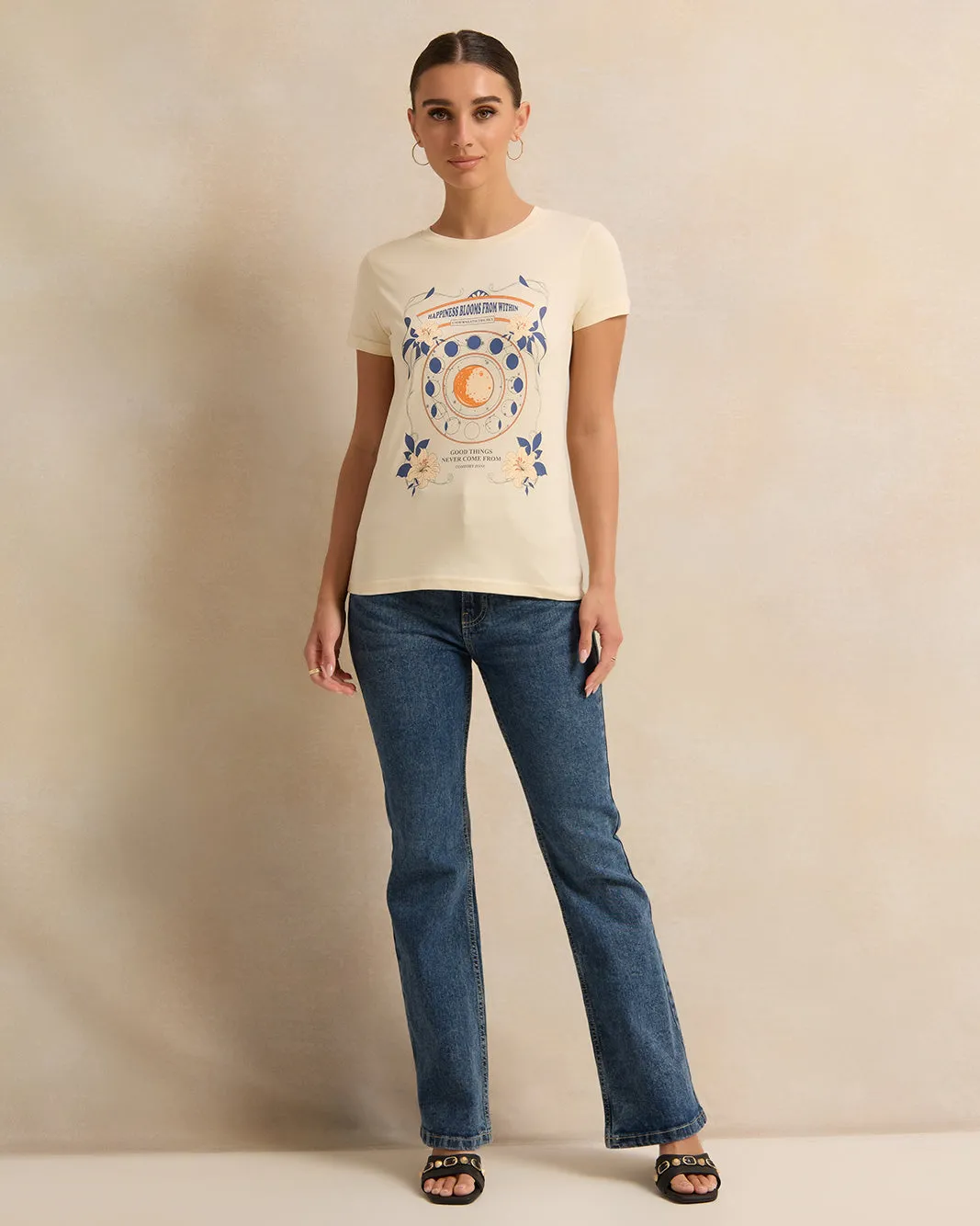 Women Short Sleeve Cream Printed T-Shirt sold by Redtag product image thumbnail 2