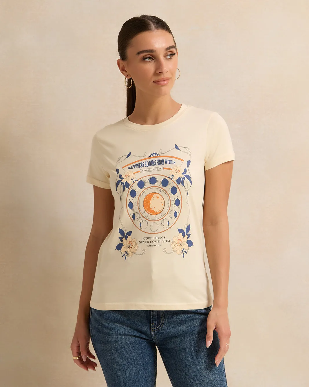 Women Short Sleeve Cream Printed T-Shirt sold by Redtag