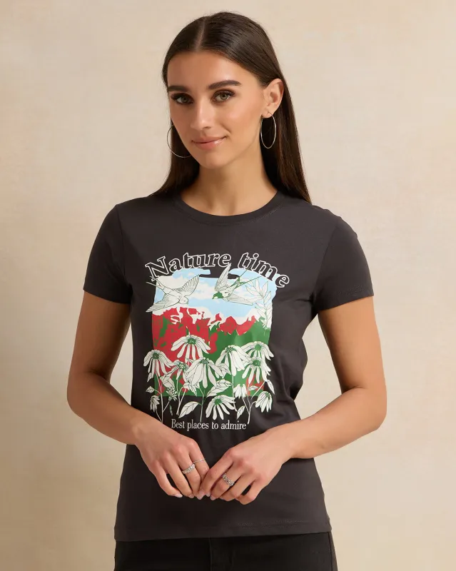 Women Short Sleeve Charcoal Printed T-Shirt sold by Redtag