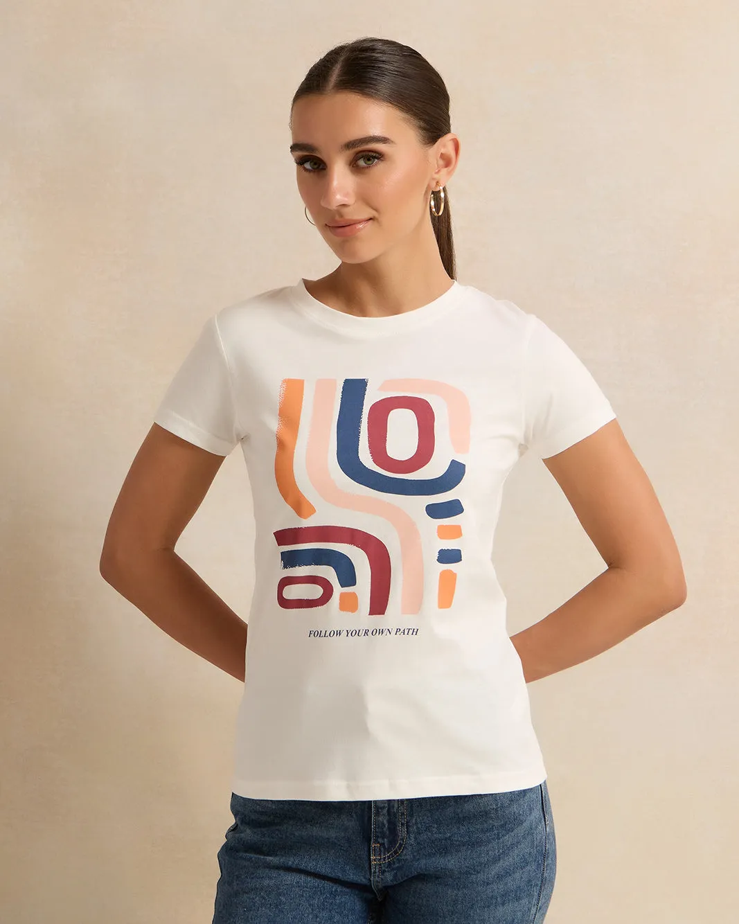 Women Short Sleeve Ivory Printed T-Shirt sold by Redtag