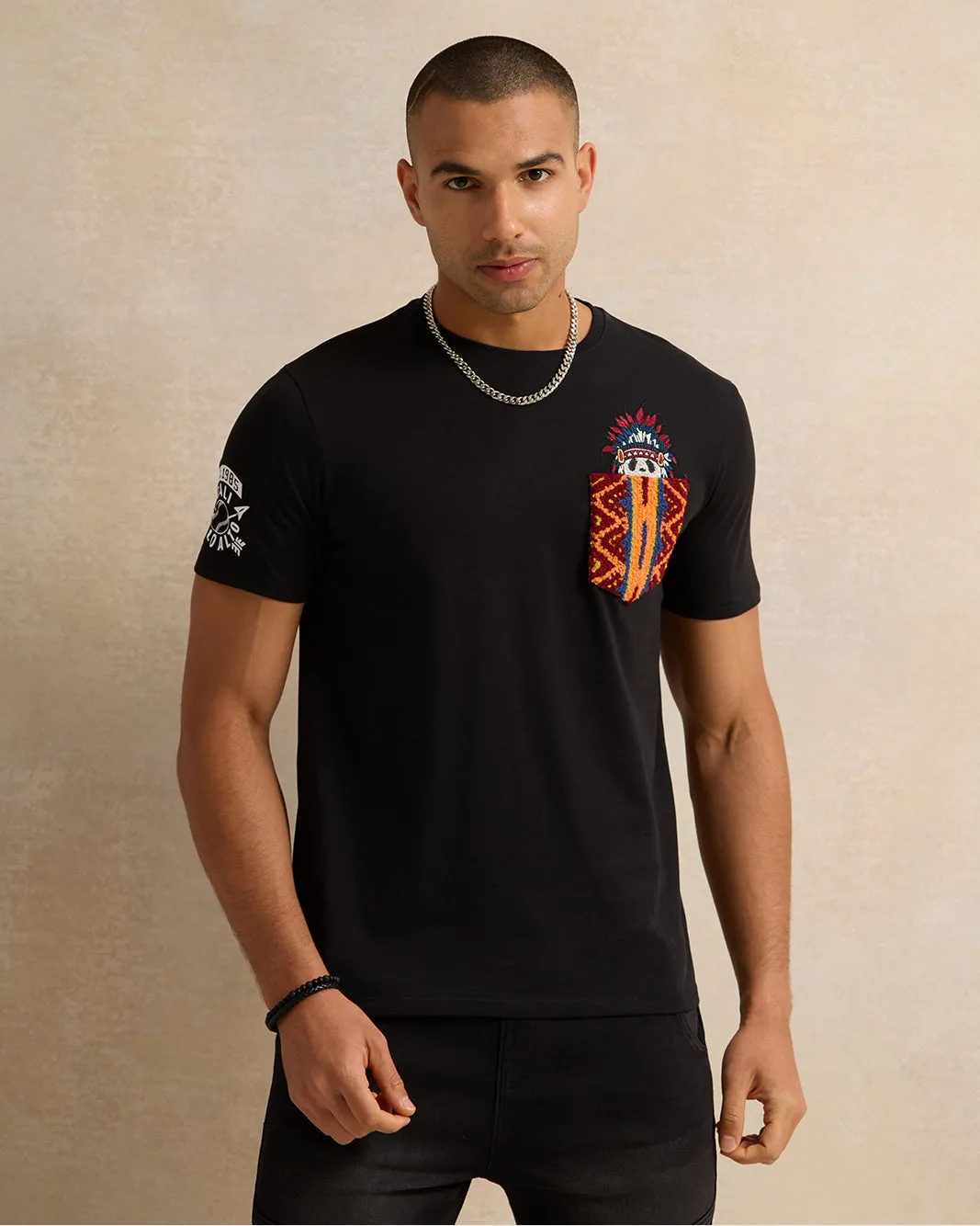 Men Black Embroidered T-Shirt sold by Redtag