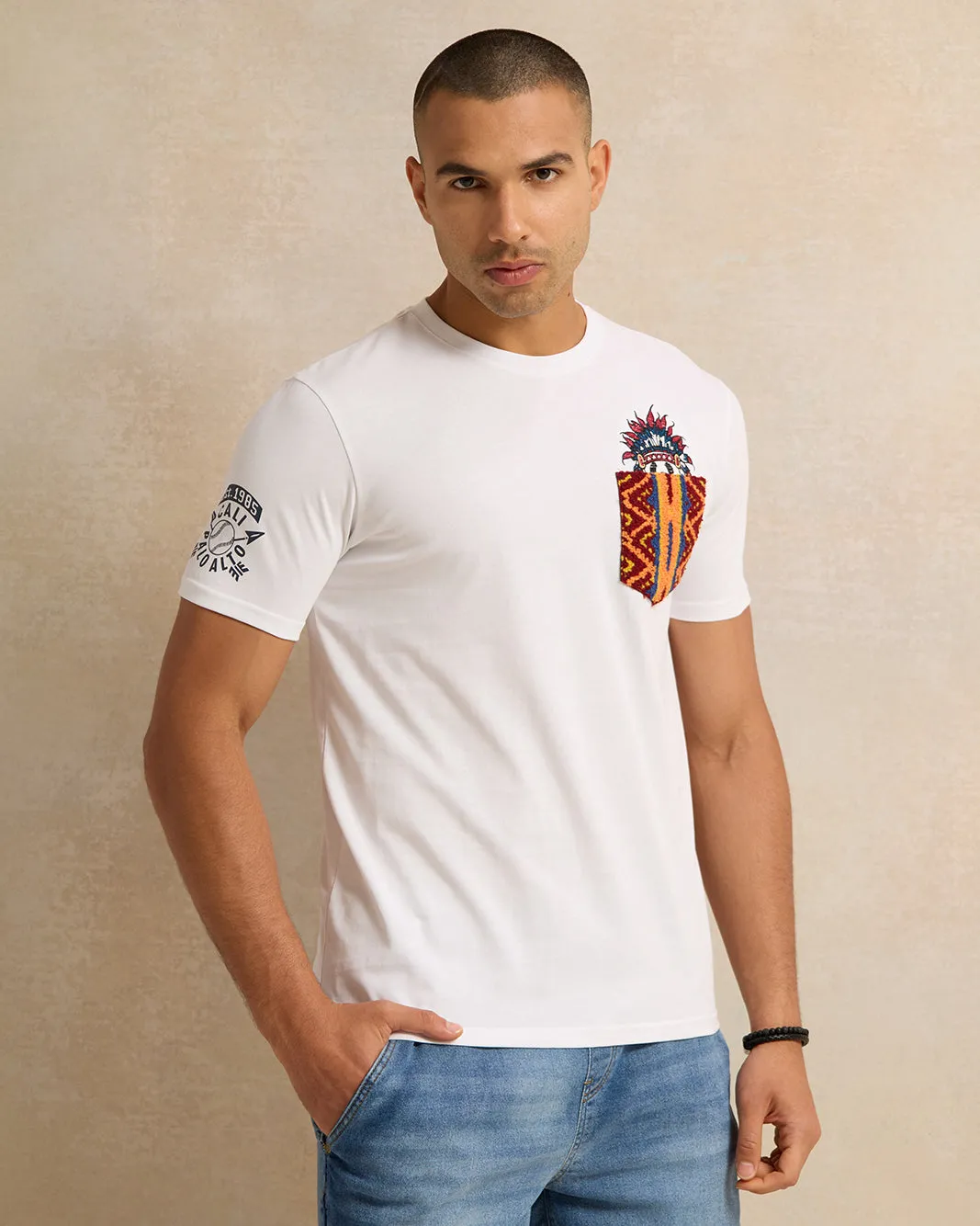 Men White Embroidered T-Shirt sold by Redtag