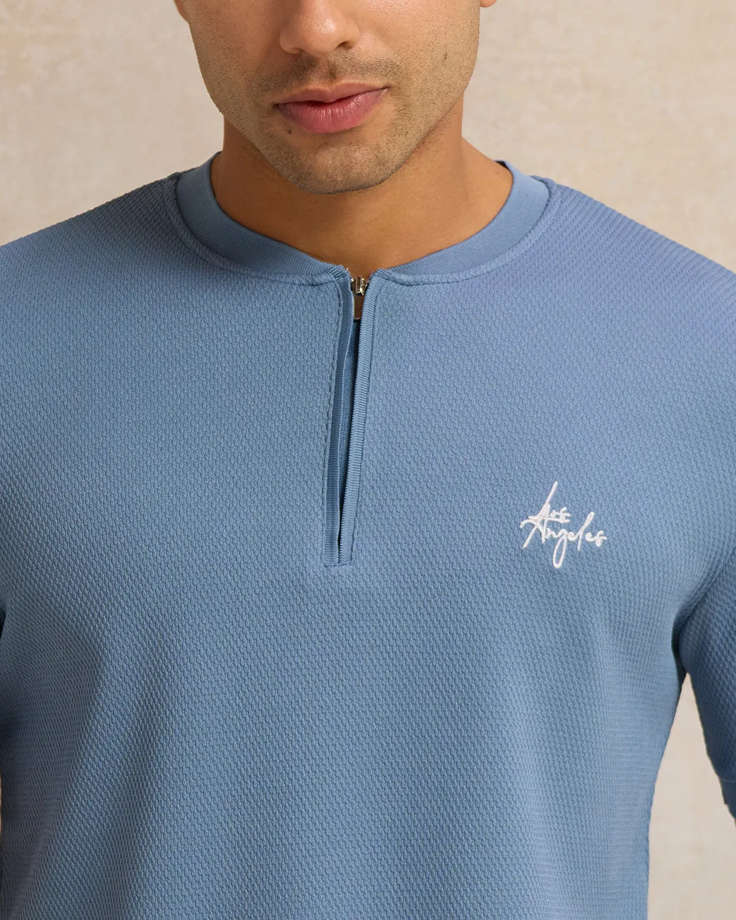 Men Blue Jacquard Zip Front T-Shirt sold by Redtag product image thumbnail 4