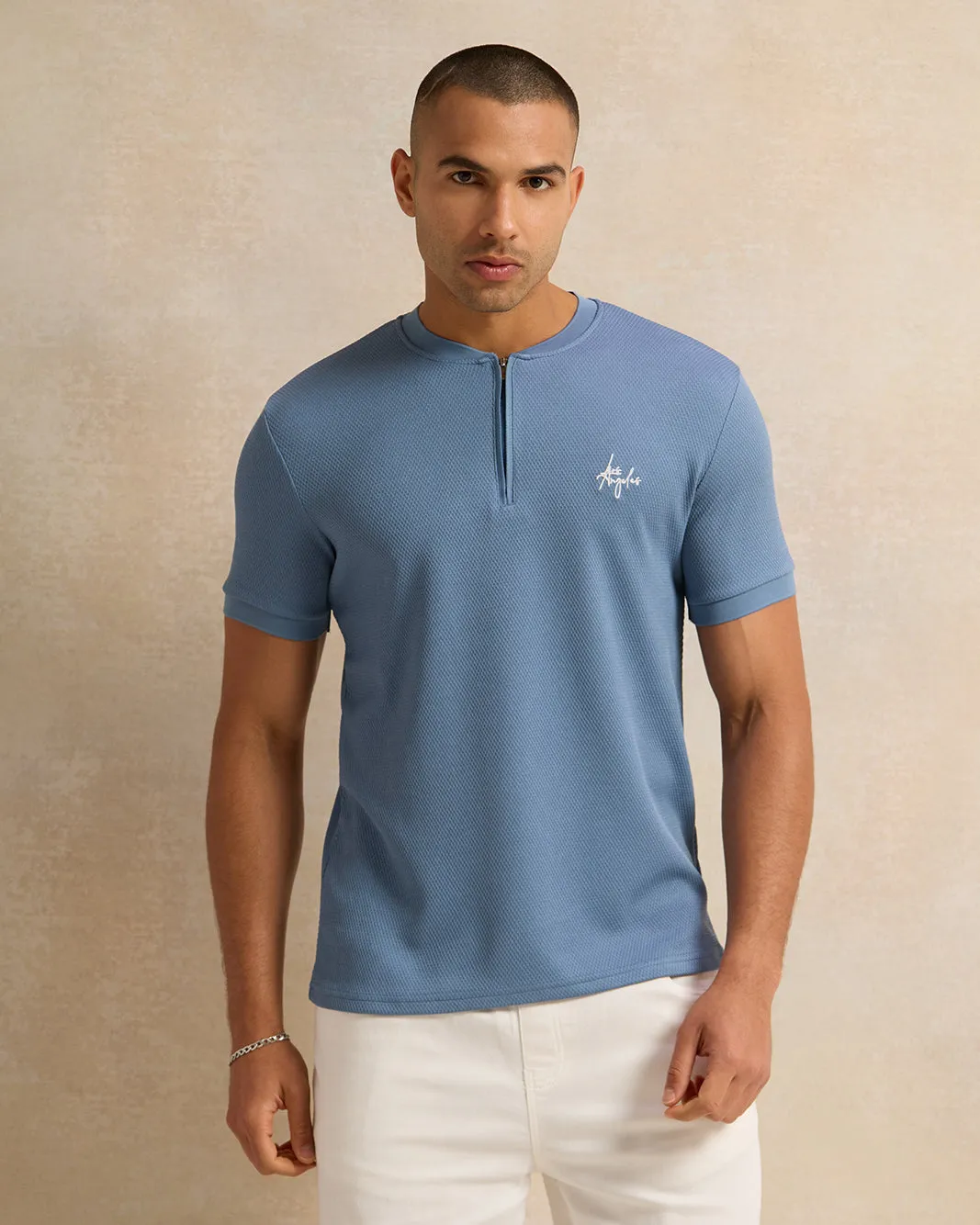 Men Blue Jacquard Zip Front T-Shirt sold by Redtag