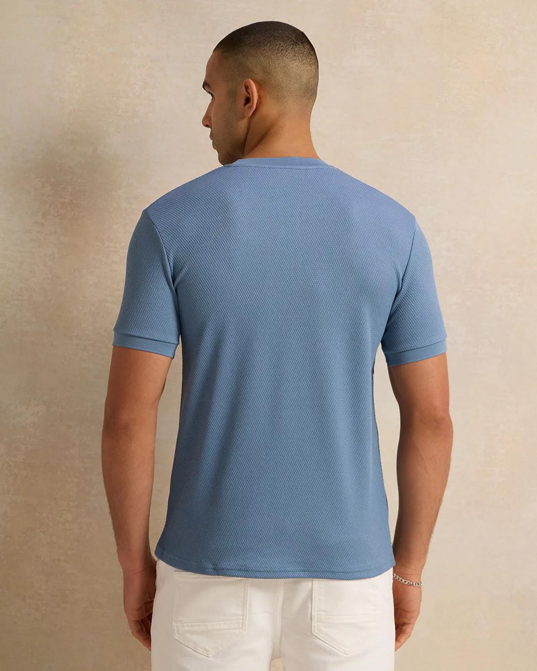 Men Blue Jacquard Zip Front T-Shirt sold by Redtag product image thumbnail 3