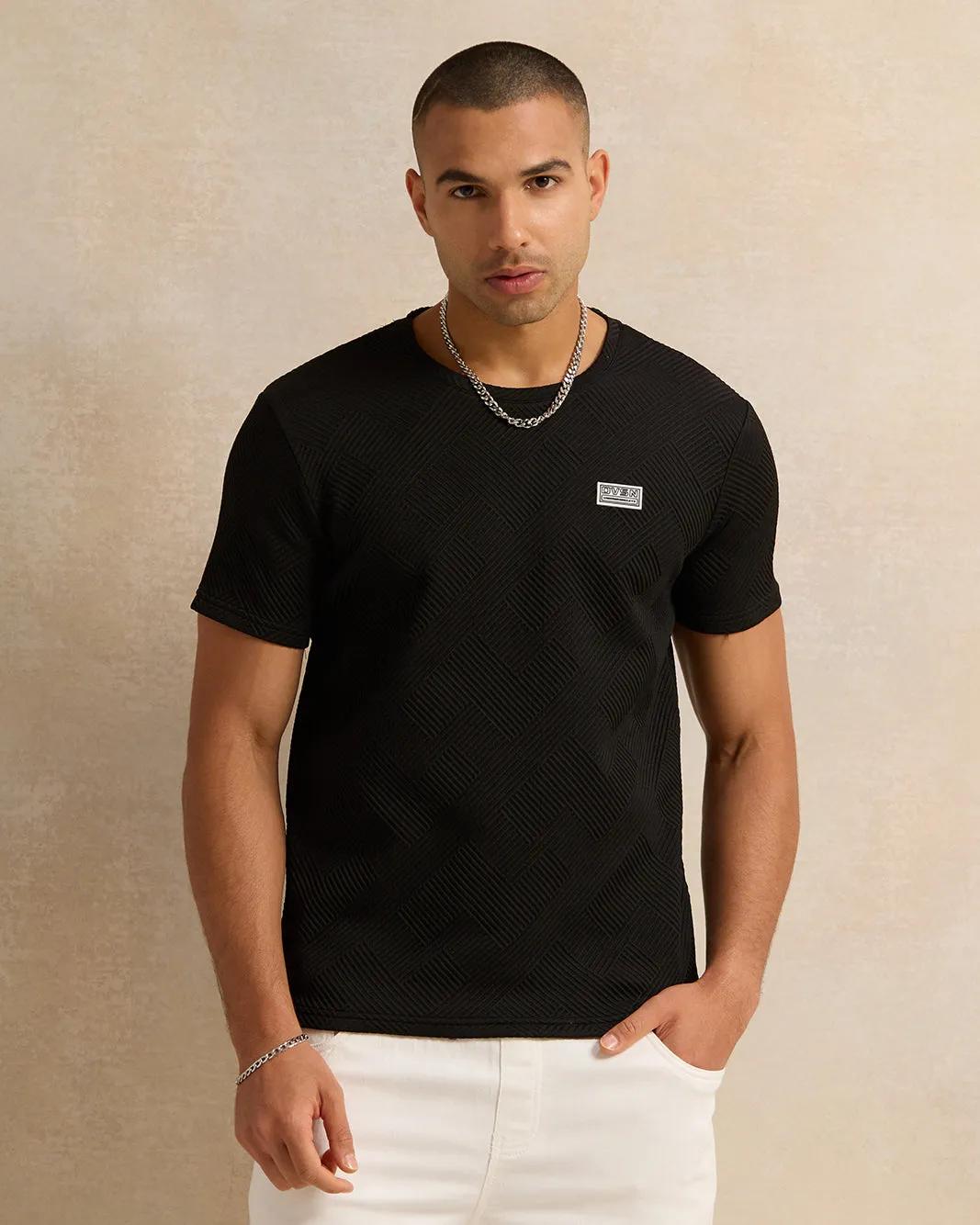 Men Black Jacquard T-Shirt sold by Redtag