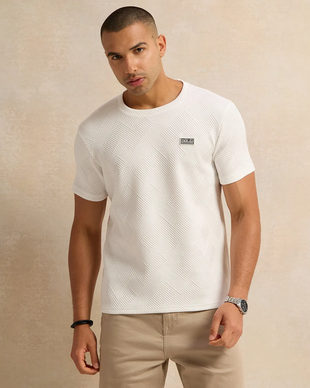 Men White Jacquard T-Shirt sold by Redtag