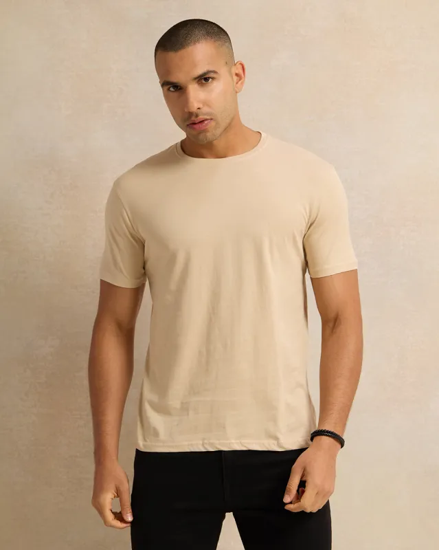 Men Beige Plain Basic T-Shirt sold by Redtag