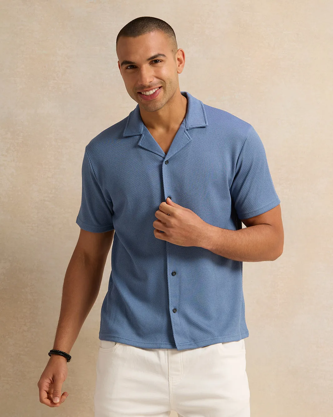 Men Blue Jacquard Short Sleeve Shirt sold by Redtag