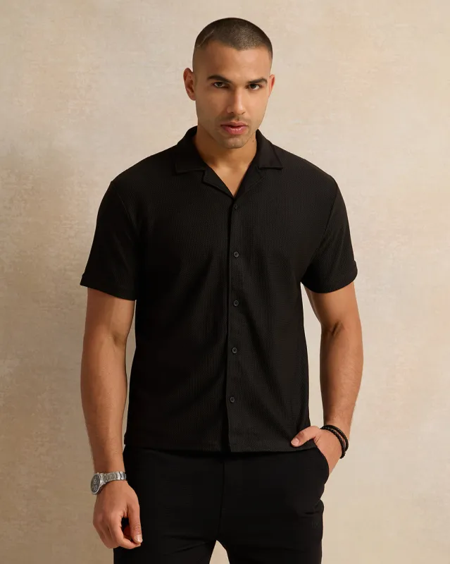 Men Black Jacquard Short Sleeve Shirt sold by Redtag