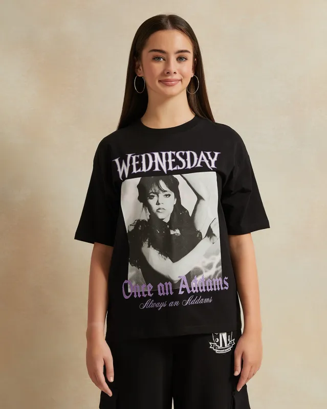 Senior Girls Black Wednesday Print Oversize T-shirt sold by Redtag