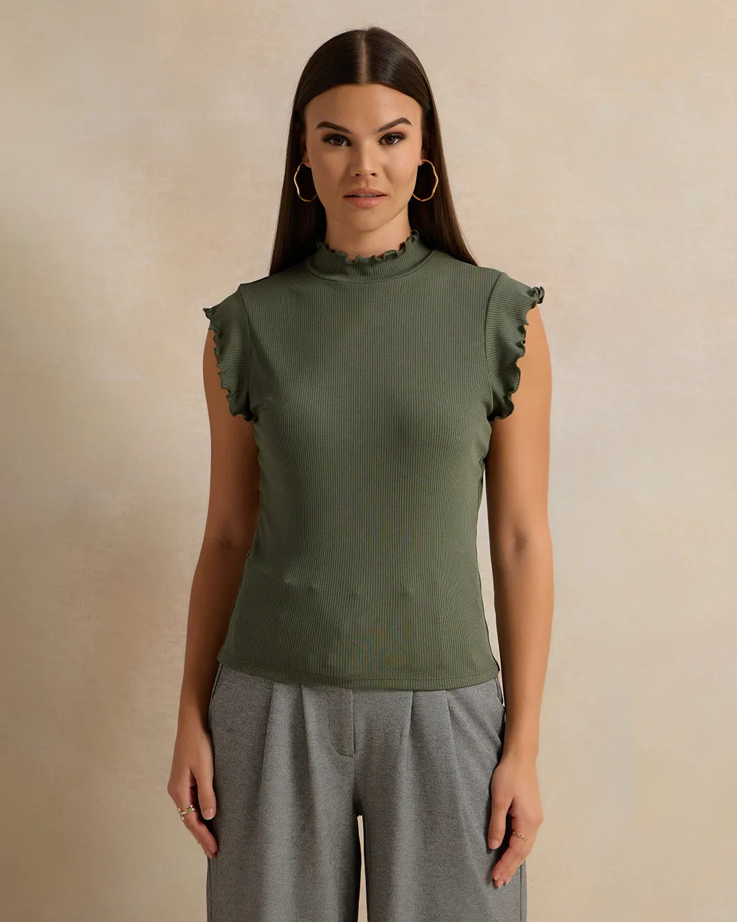 Women Olive Ribbed T-Shirt sold by Redtag