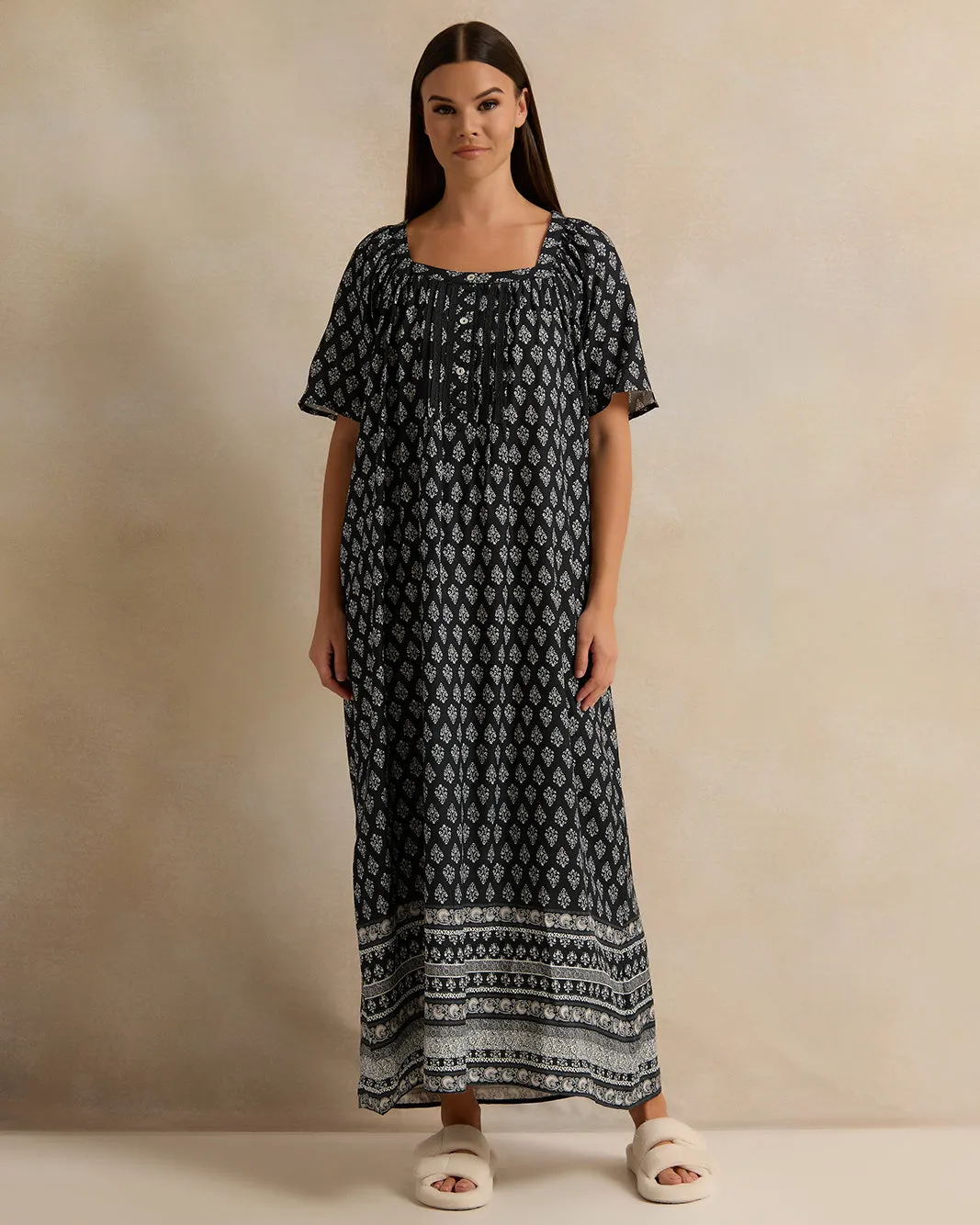 Women Black Short Sleeve Printed Dobby Nightgown sold by Redtag