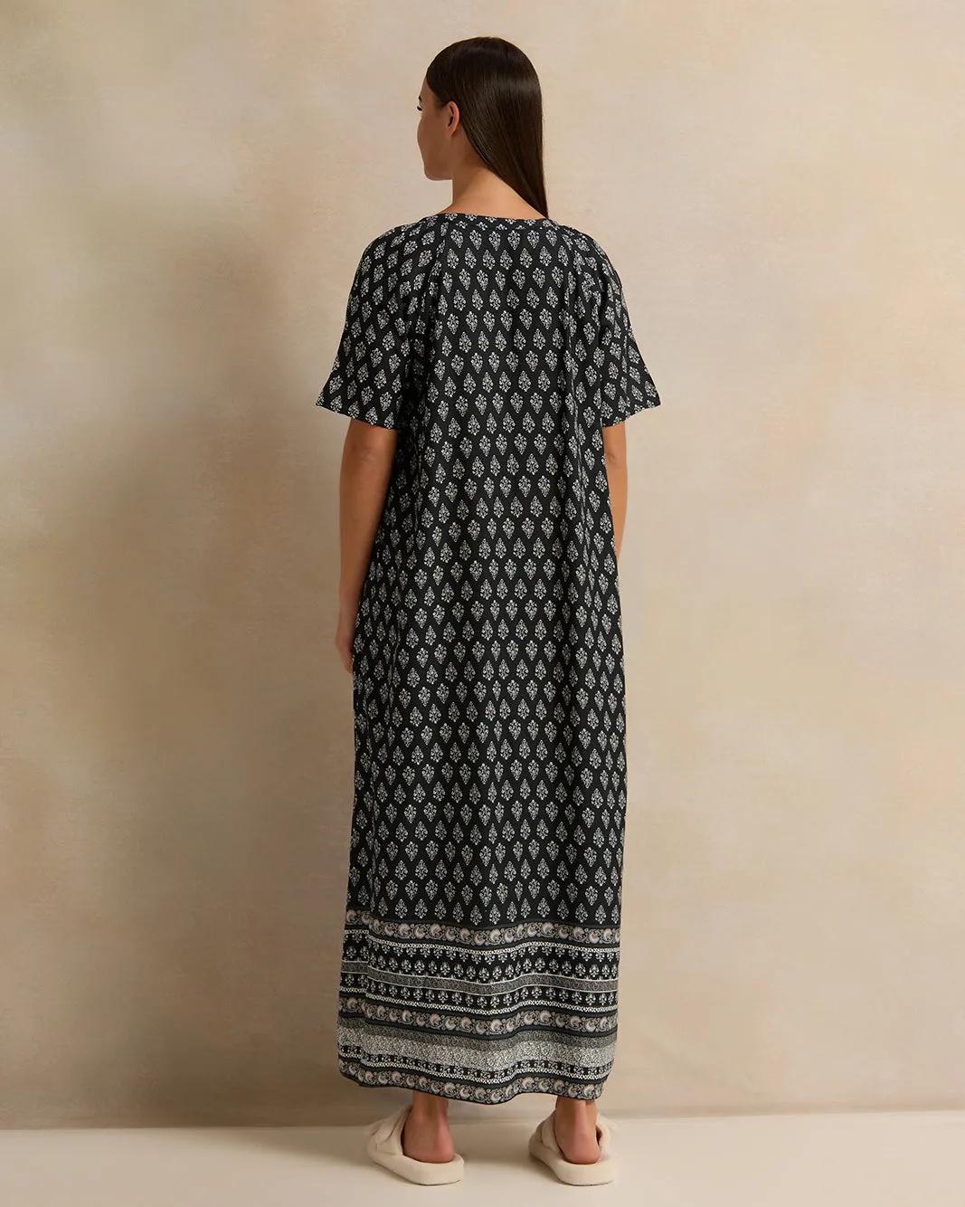 Women Black Short Sleeve Printed Dobby Nightgown sold by Redtag product image thumbnail 3