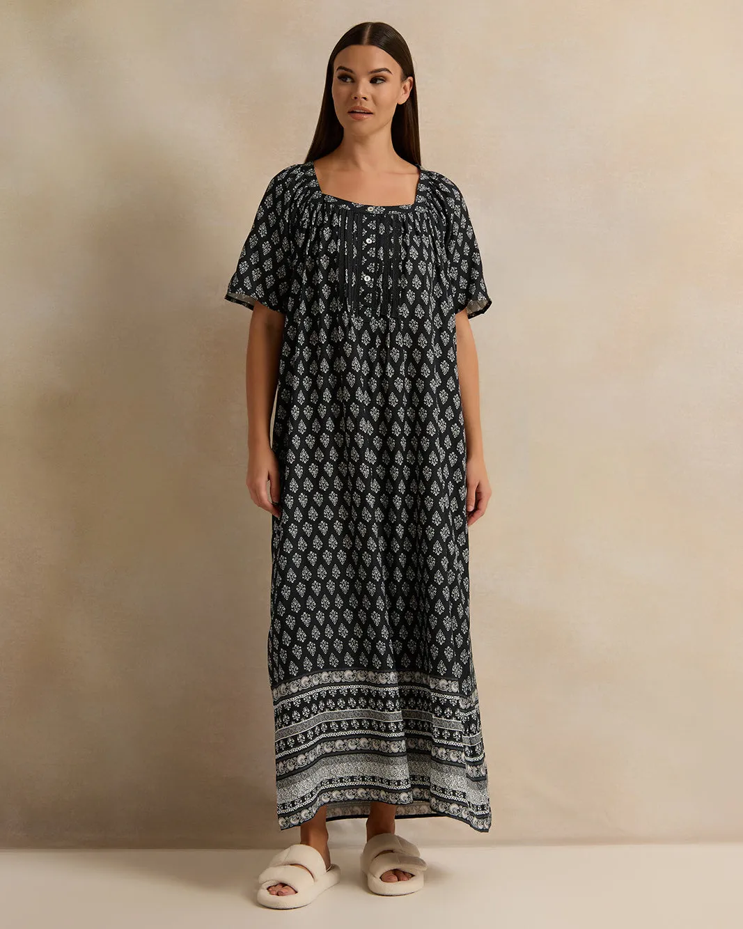 Women Black Short Sleeve Printed Dobby Nightgown sold by Redtag product image thumbnail 4