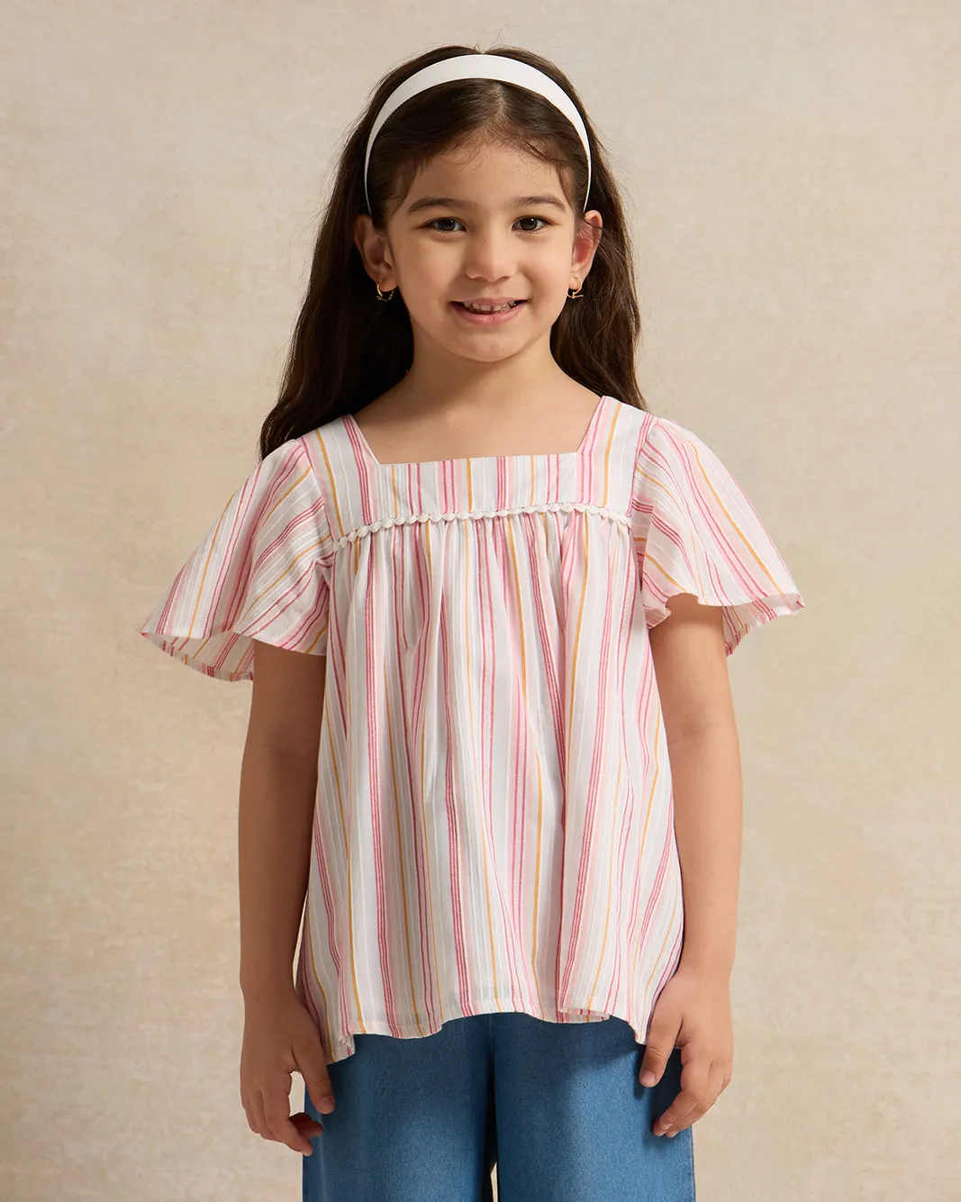 Girls Pink Striped Woven Blouse sold by Redtag