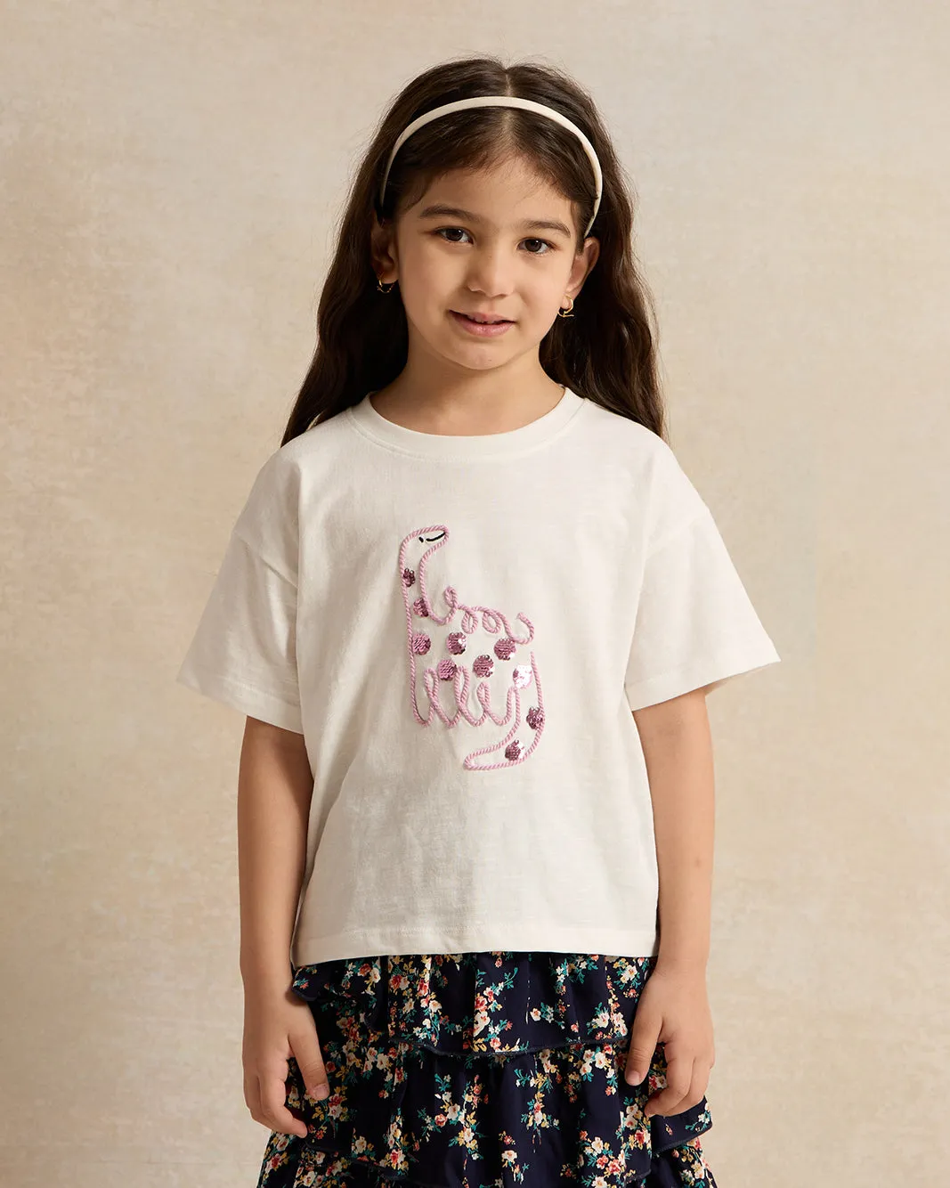 Girls White Dinosaur Embellished T-Sirt sold by Redtag