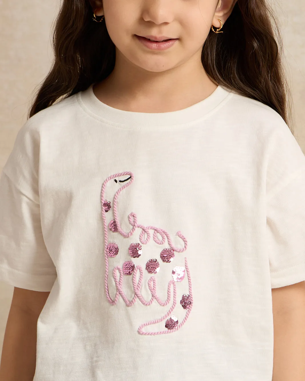 Girls White Dinosaur Embellished T-Sirt sold by Redtag product image thumbnail 4