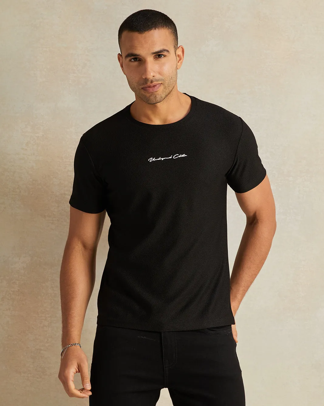 Men Black Jacquard T-Shirt sold by Redtag