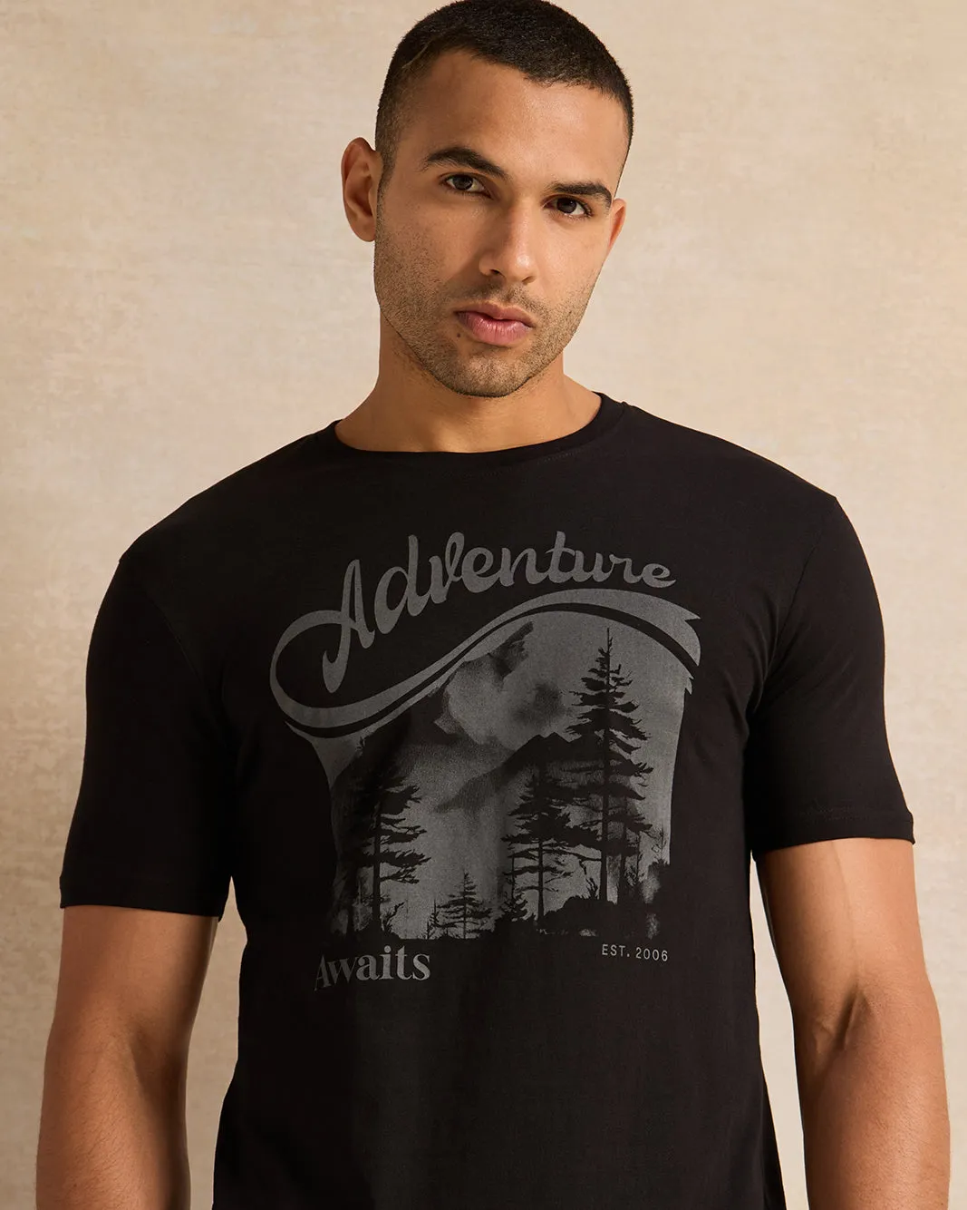 Men Black Printed Short Sleeve T-Shirt sold by Redtag product image thumbnail 4