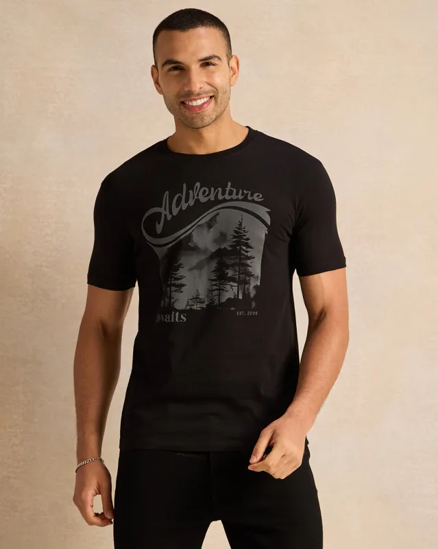 Men Black Printed Short Sleeve T-Shirt sold by Redtag