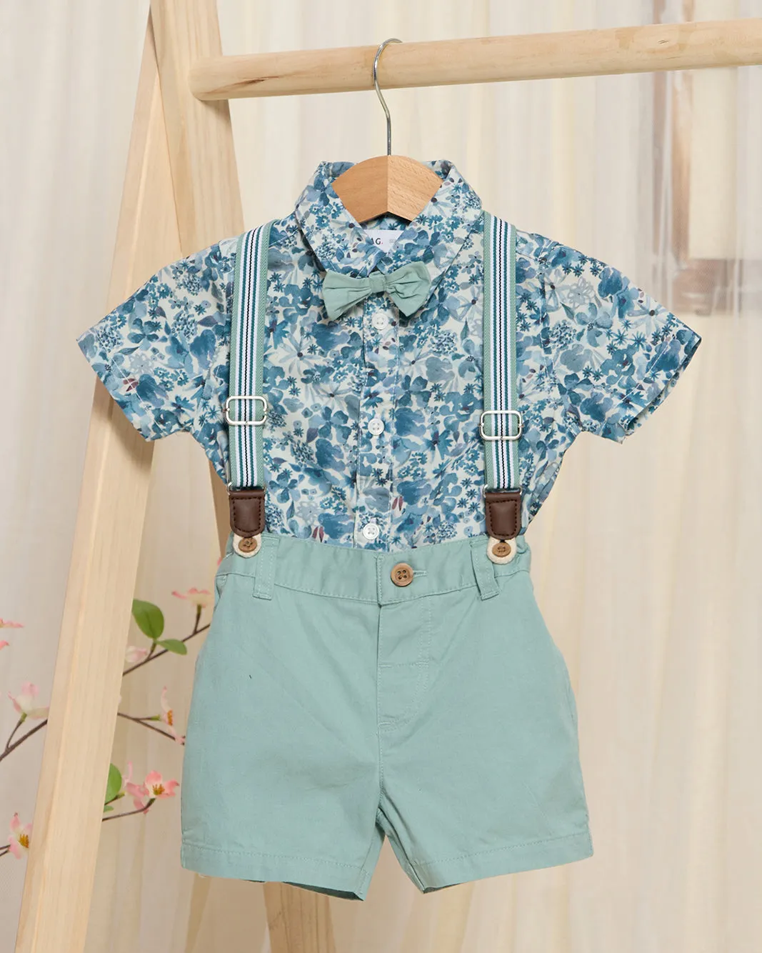Infant Boys Mint And Blue Shirt With Bow Set (3 Piece) sold by Redtag