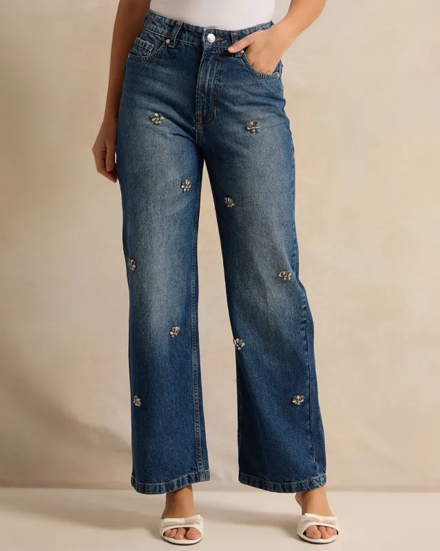 Women Navy Embellished Wide Leg Jeans sold by Redtag